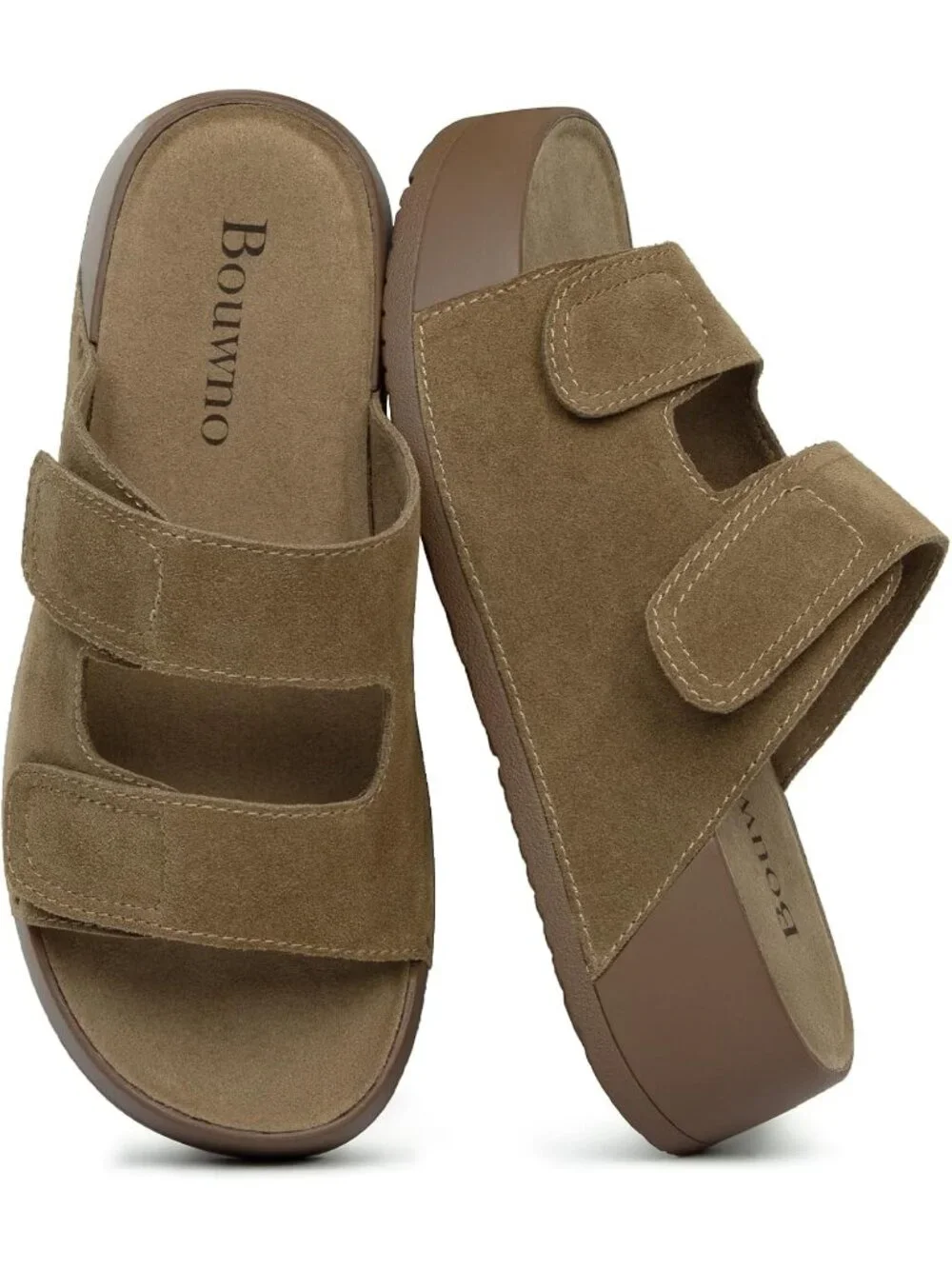 Women's Khaki Genuine Leather Slip on Beach Slide Buckle Platform Sandal Shoes